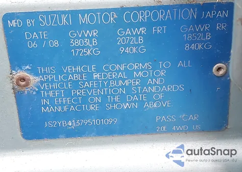 2009 Suzuki Sx4 Technology from USA, damaged, VIN JS2YB413795101099